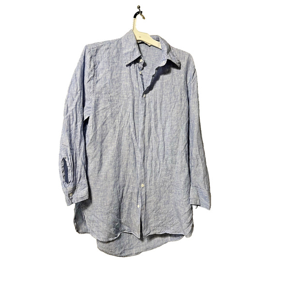 Zara 100% Linen Button Down Shirt Tunic Dress blue stripes long Sleeve Sz S /M - Picture 1 of 6